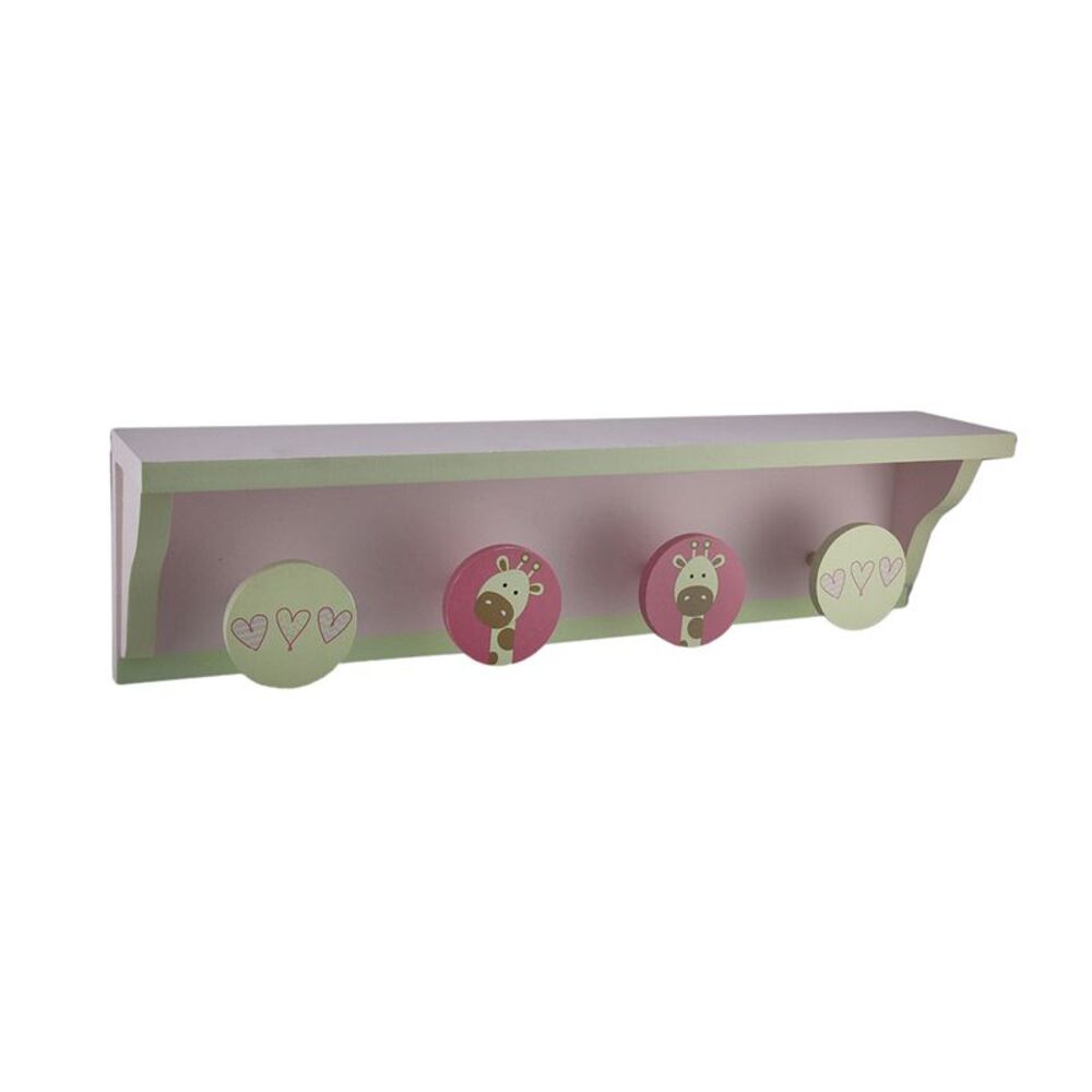 I Heart Giraffes Pink & White Wood Wall Shelf w/Hanging Pegs